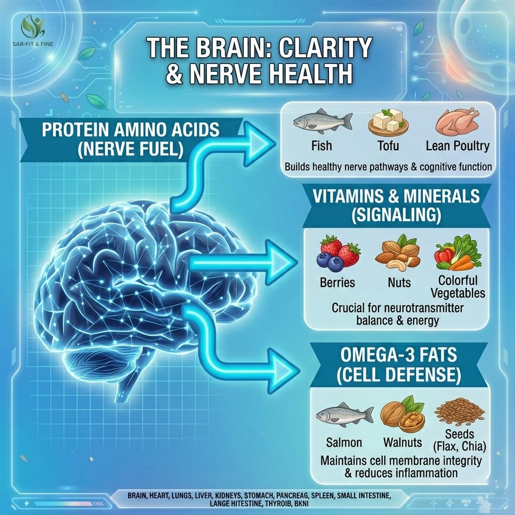 Best foods for body organs: brain clarity and nerve health nutrition infographic by SAR-Fit & Fine